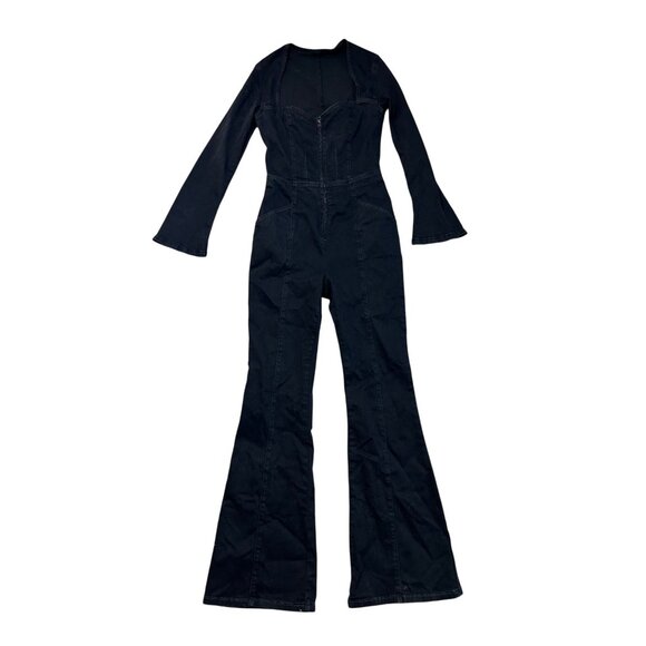 Free People Karly Jumpsuit Night Rider MD Long Sleeve Open Back Flare Leg Denim - Picture 3 of 14